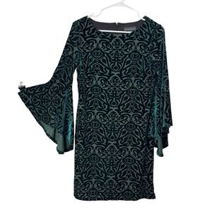Emerald Green Velvet Burnout Forest Fairy Dress Size 6 Exaggerated Bell Sleeve